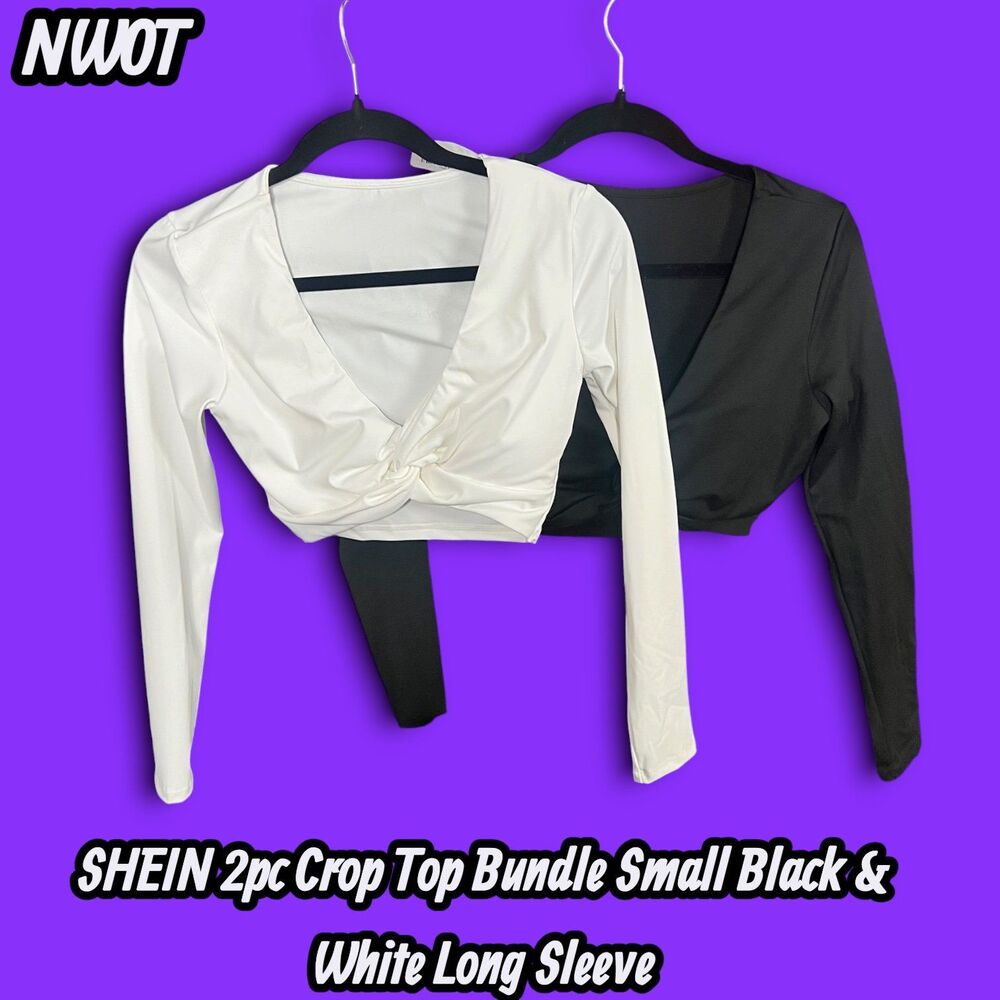 NWOT SHEIN 2pc Crop Top Bundle White Small & Black Medium Long Sleeve Twist Fron